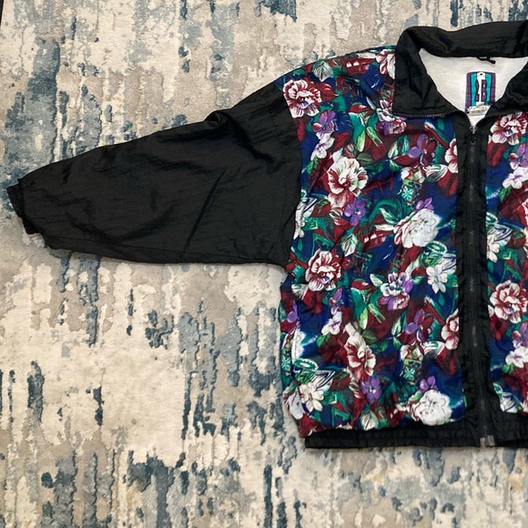 C01 2B Active 80s 90s Floral Windbreaker Bomber Jacket VTG Black Colorful Sz 1X - Picture 6 of 16